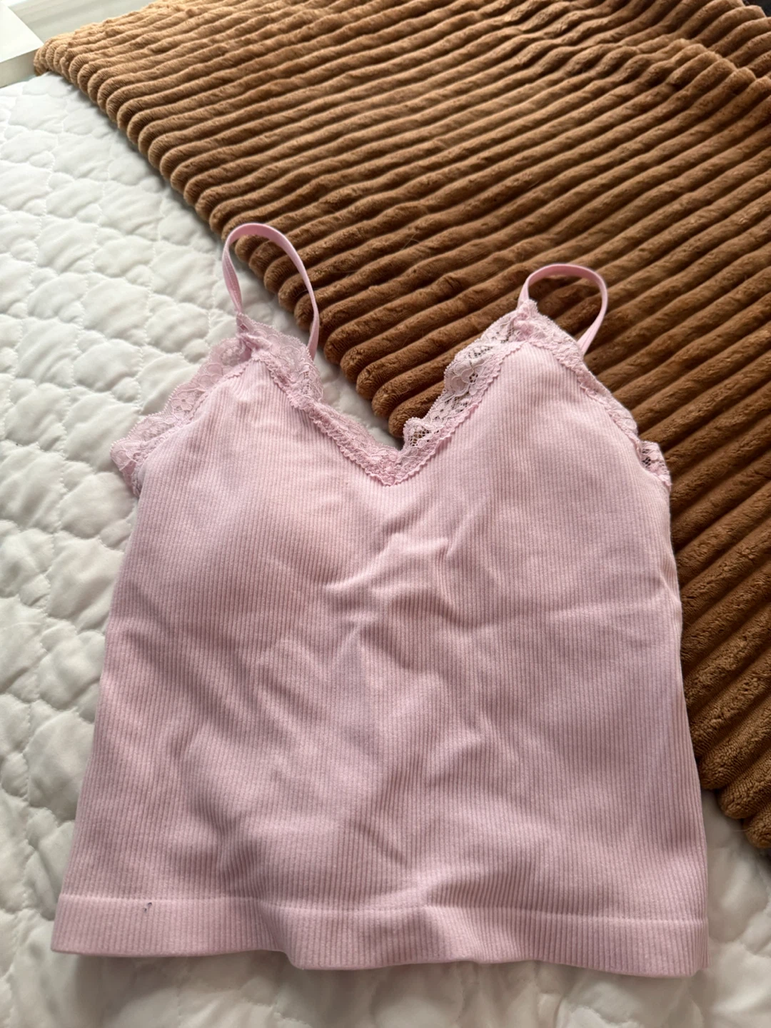 Society Pink Ribbed Lace Trim Cami Top