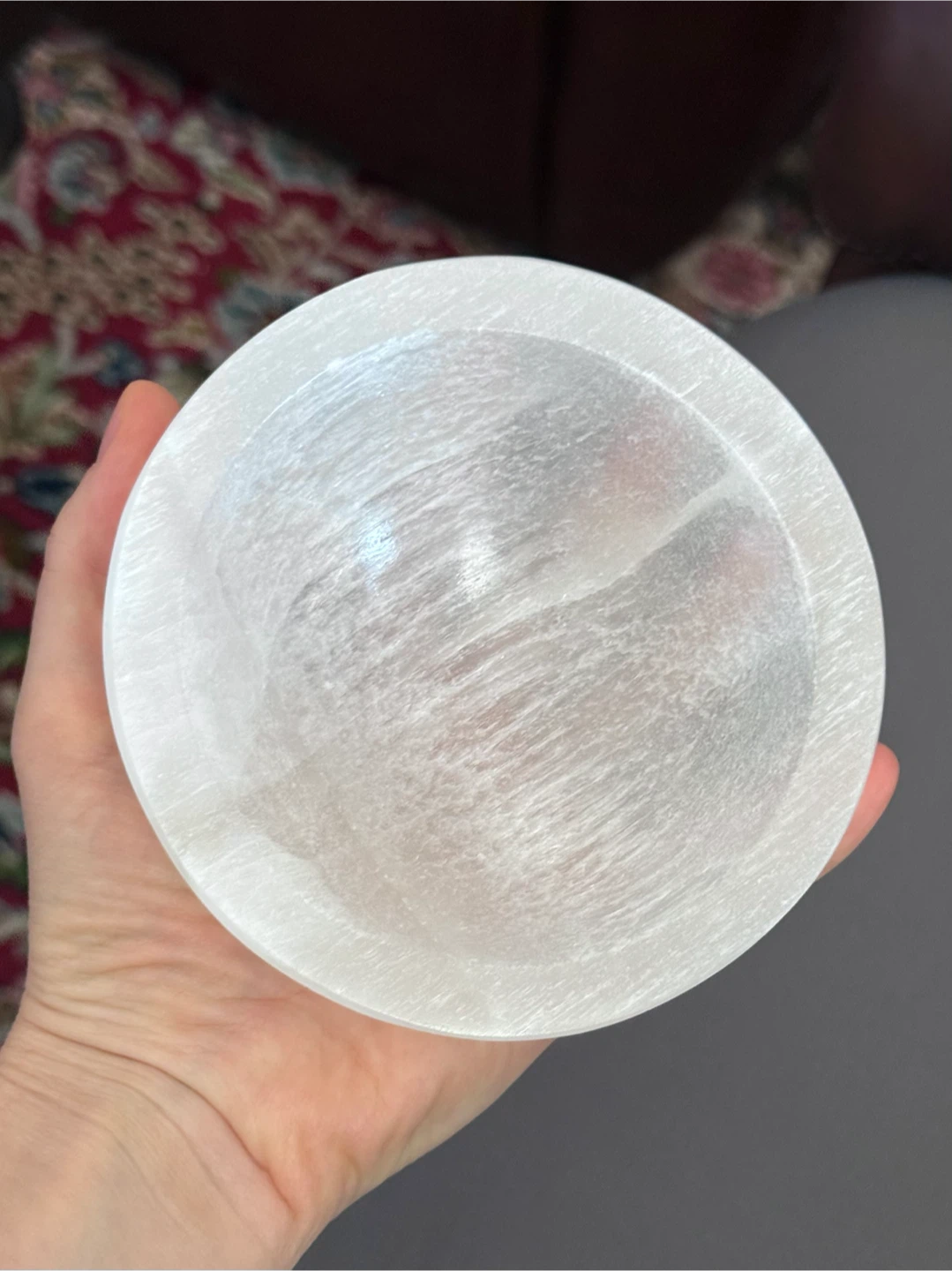 Moroccan Hand-Carved Round Crystal Selenite Dish With Crystals