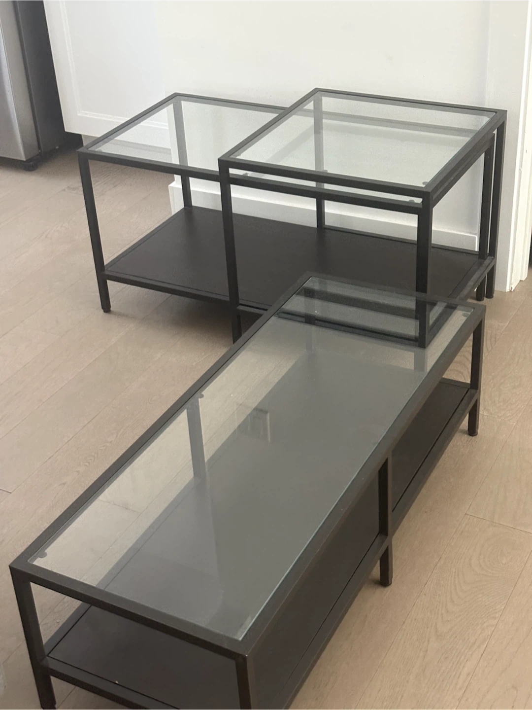 Set of 3 Black Metal and Glass Side Tables