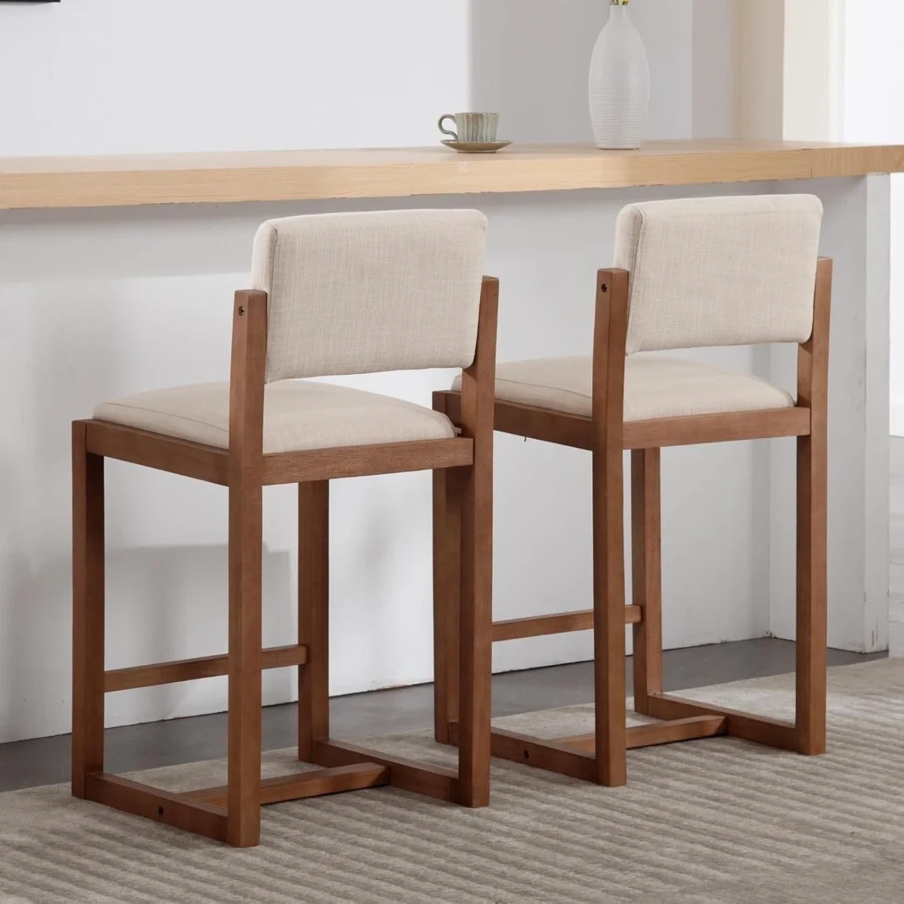 Set of 2 Beige Upholstered Counter Height Bar Stools - photo 2