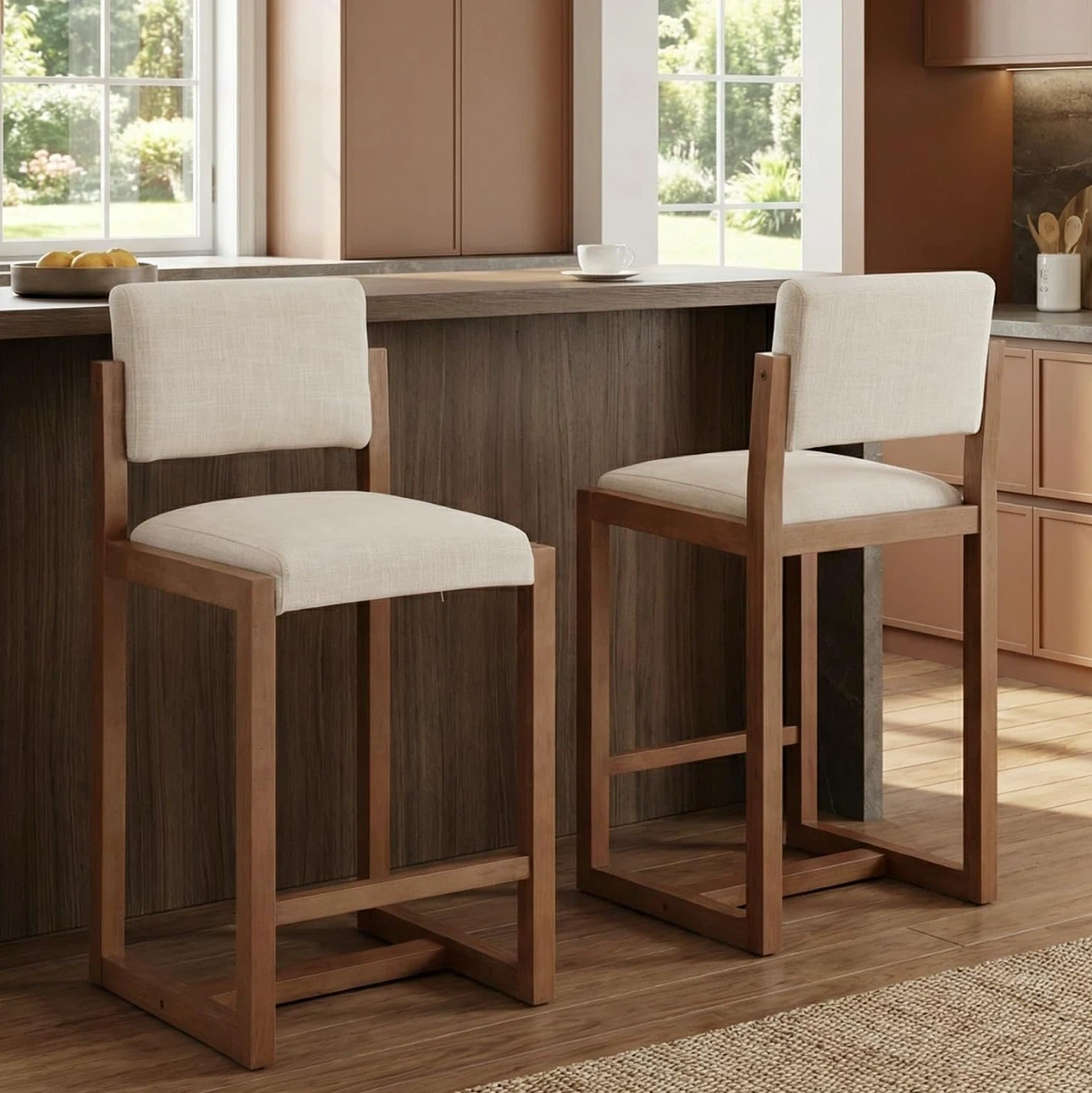 Set of 2 Beige Upholstered Counter Height Bar Stools - photo 5