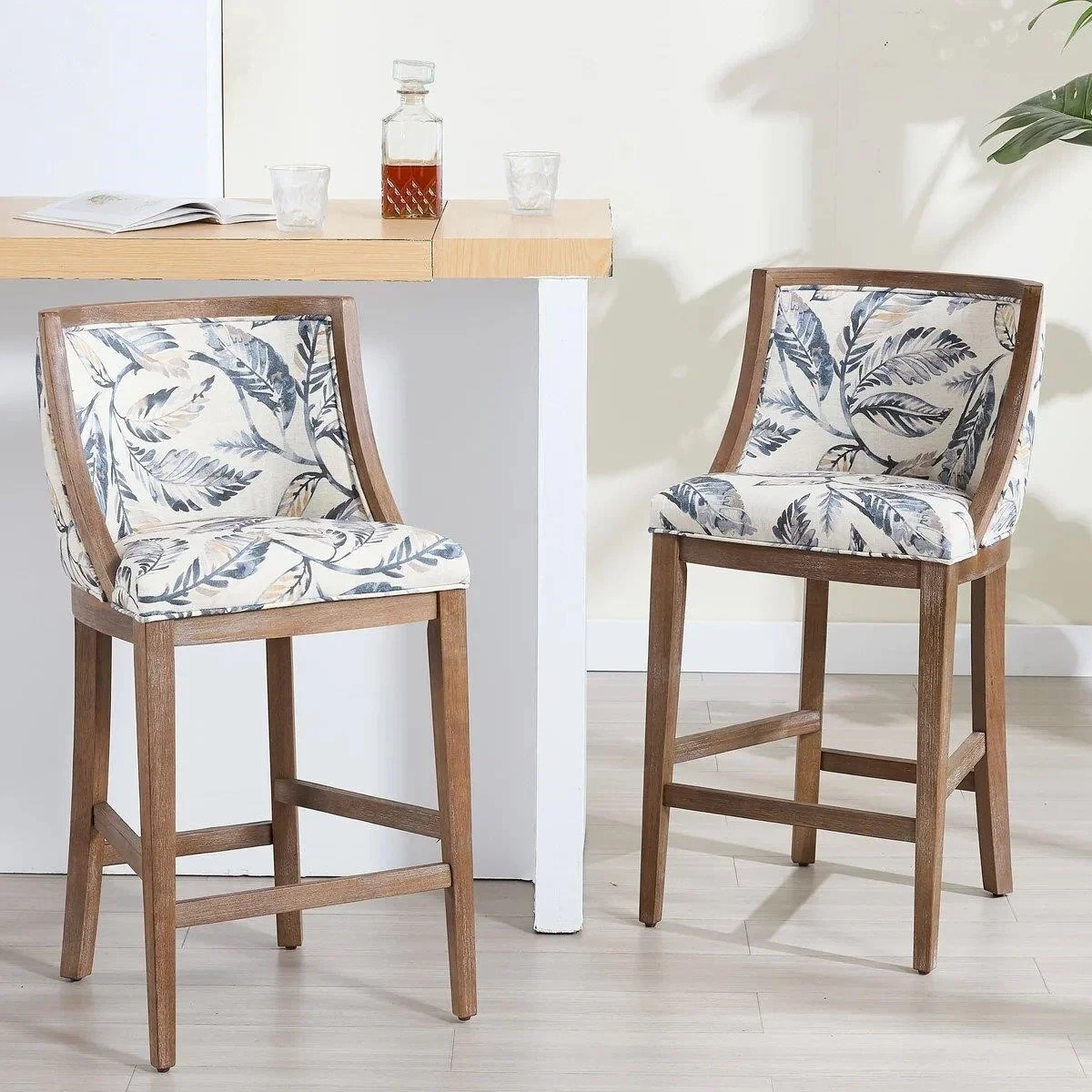 Bar Stools (Set of 2) - Leaf Print Fabric with Wooden Frame