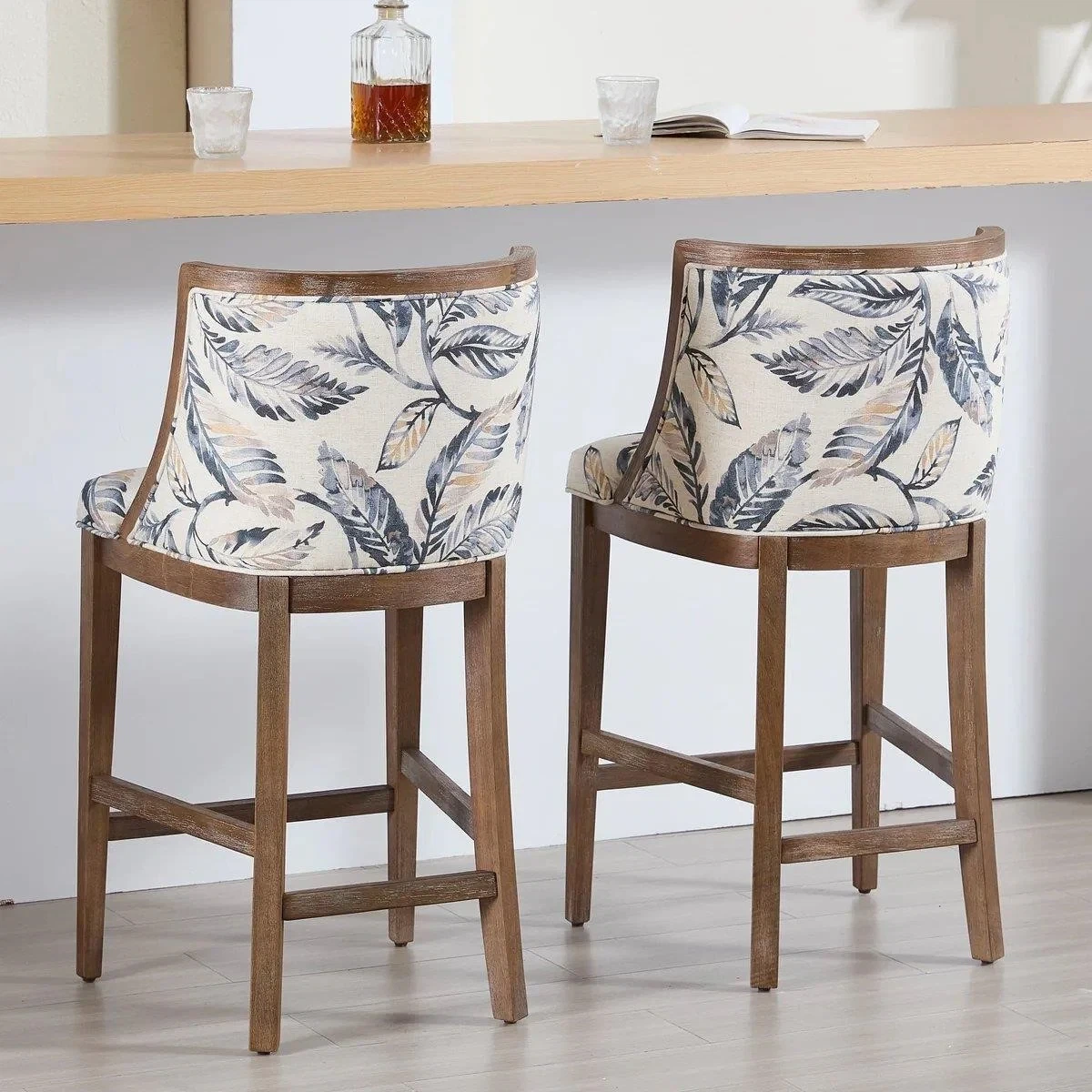 Bar Stools (Set of 2) - Leaf Print Fabric with Wooden Frame - photo 4