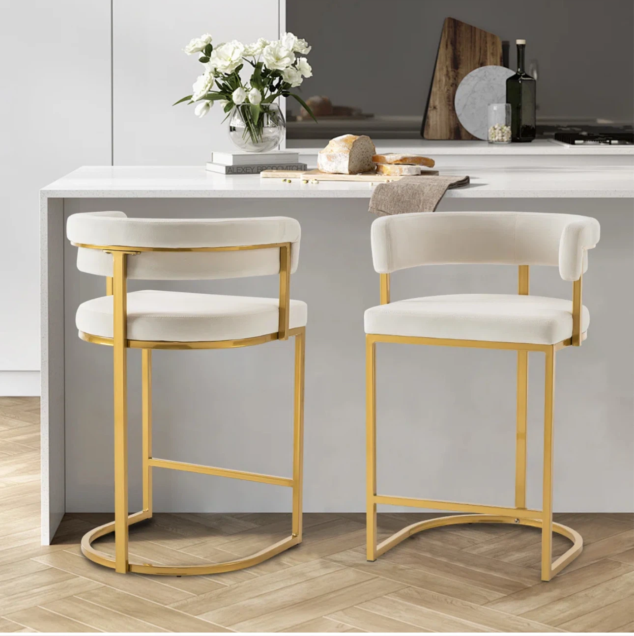 Set of 2 Counter Stools - White Sherpa & Gold Metal