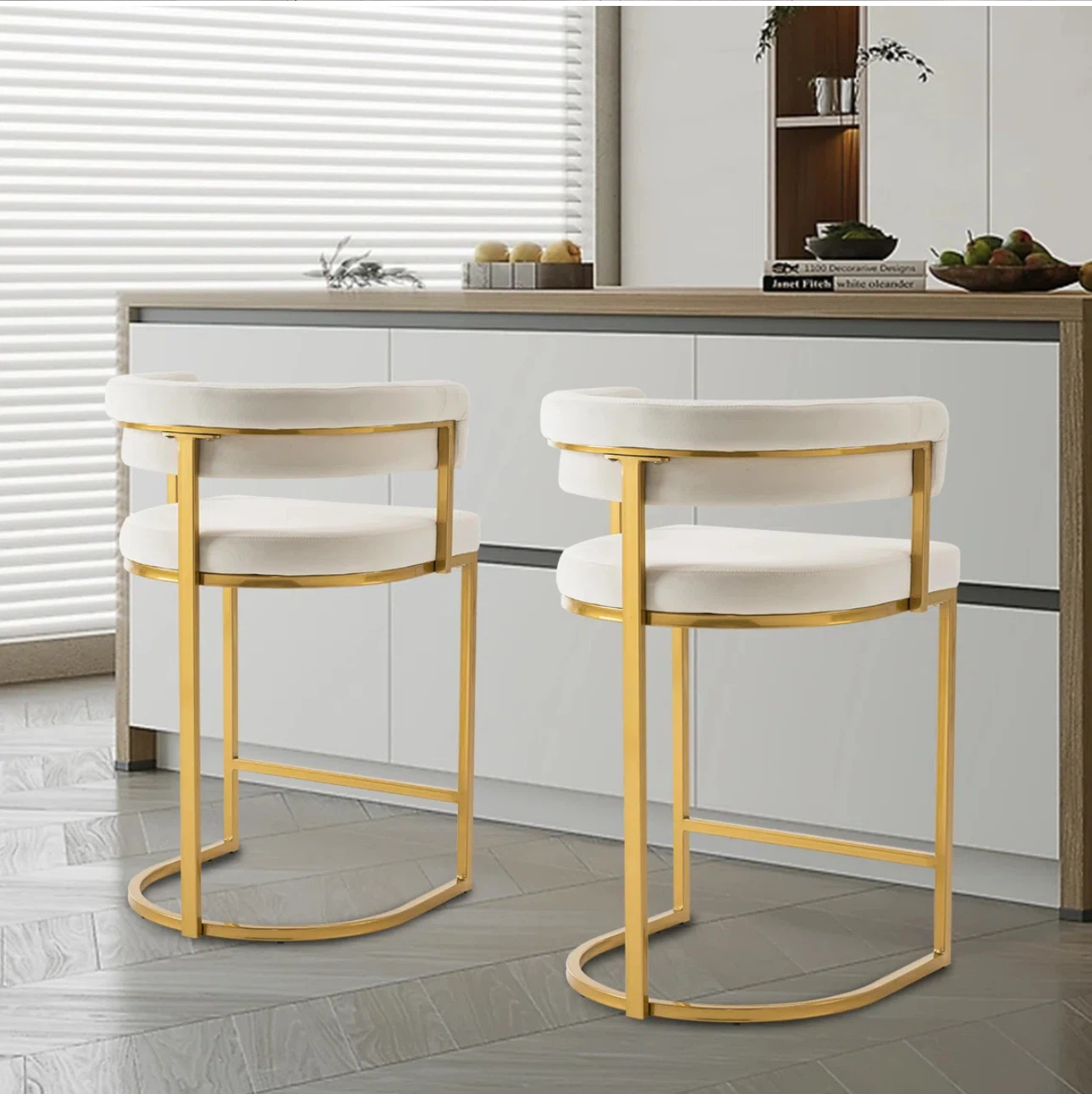 Set of 2 Counter Stools - White Sherpa & Gold Metal - photo 3