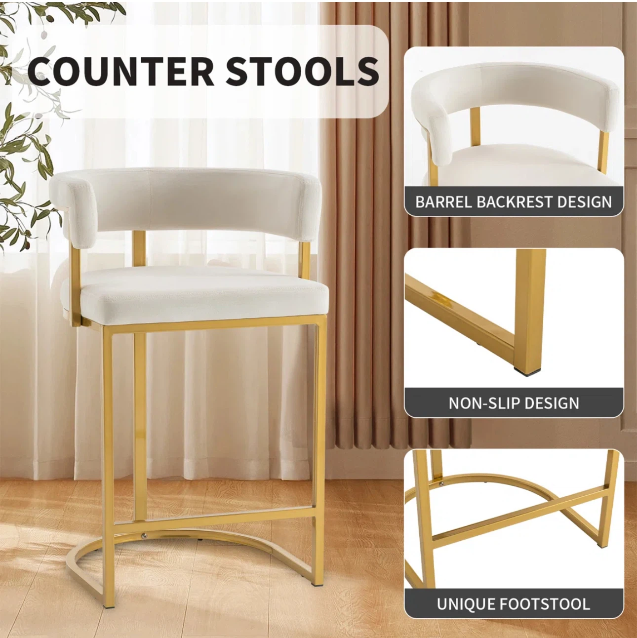 Set of 2 Counter Stools - White Sherpa & Gold Metal - photo 4