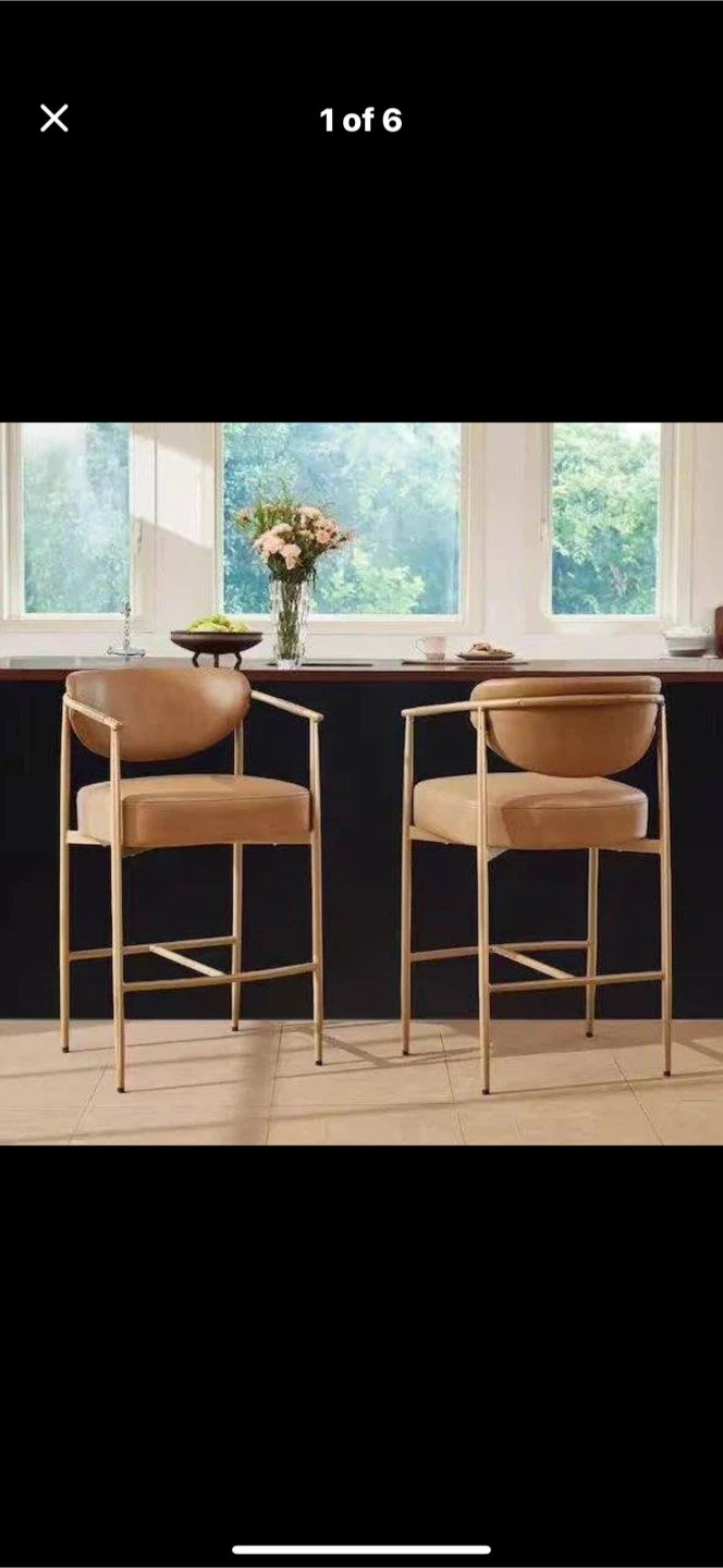 Set of 2 Tan Faux Leather Bar Stools with Gold Metal Frame