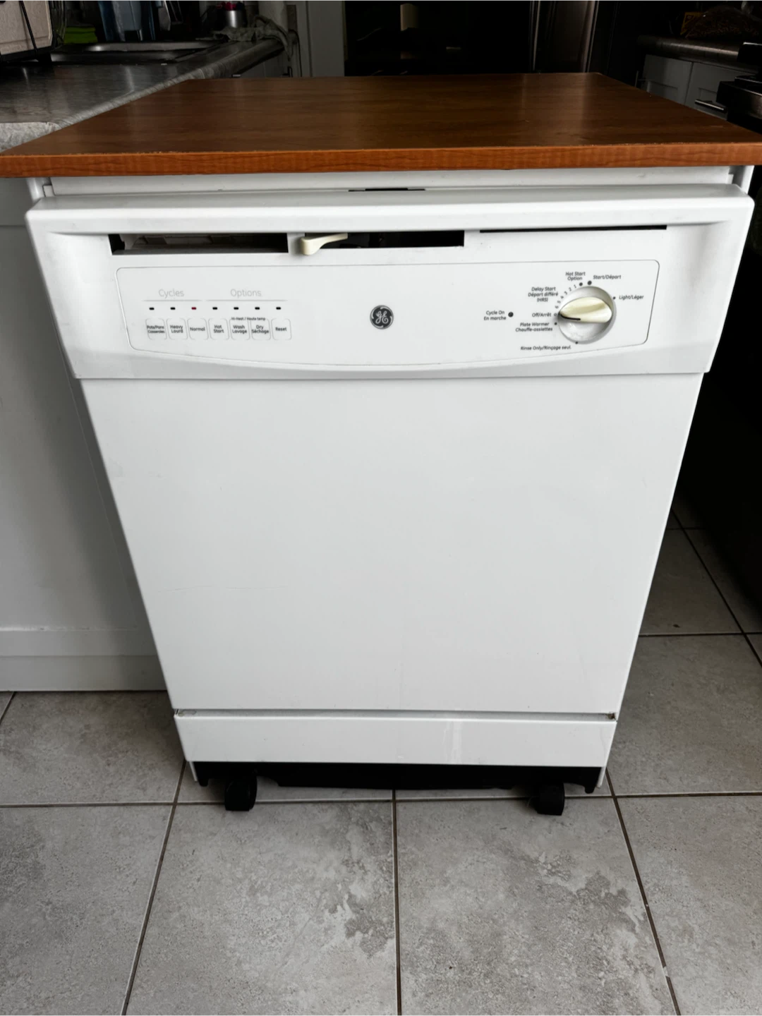 White GE Portable Dishwasher on Wheels