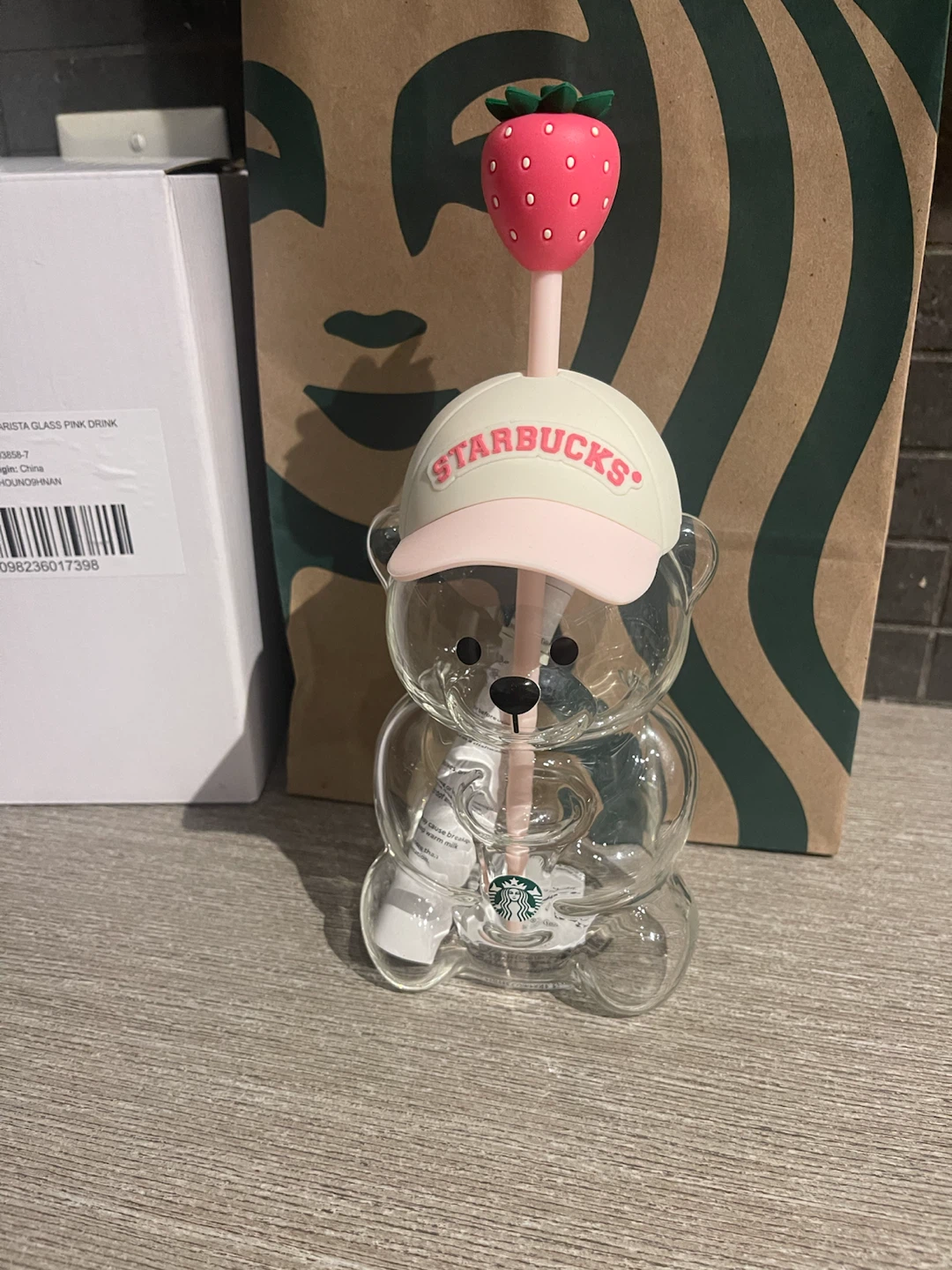 Starbucks Bear Glass Tumbler with Strawberry Lid