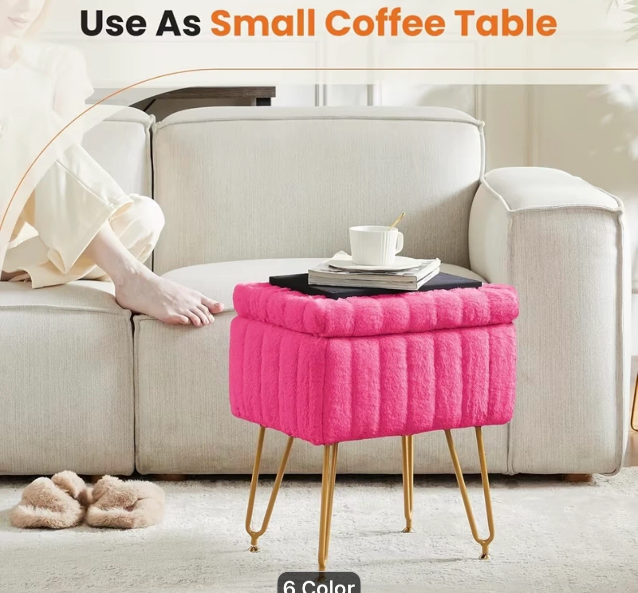 Fuzzy Pink Storage Ottoman with Gold Legs - photo 3