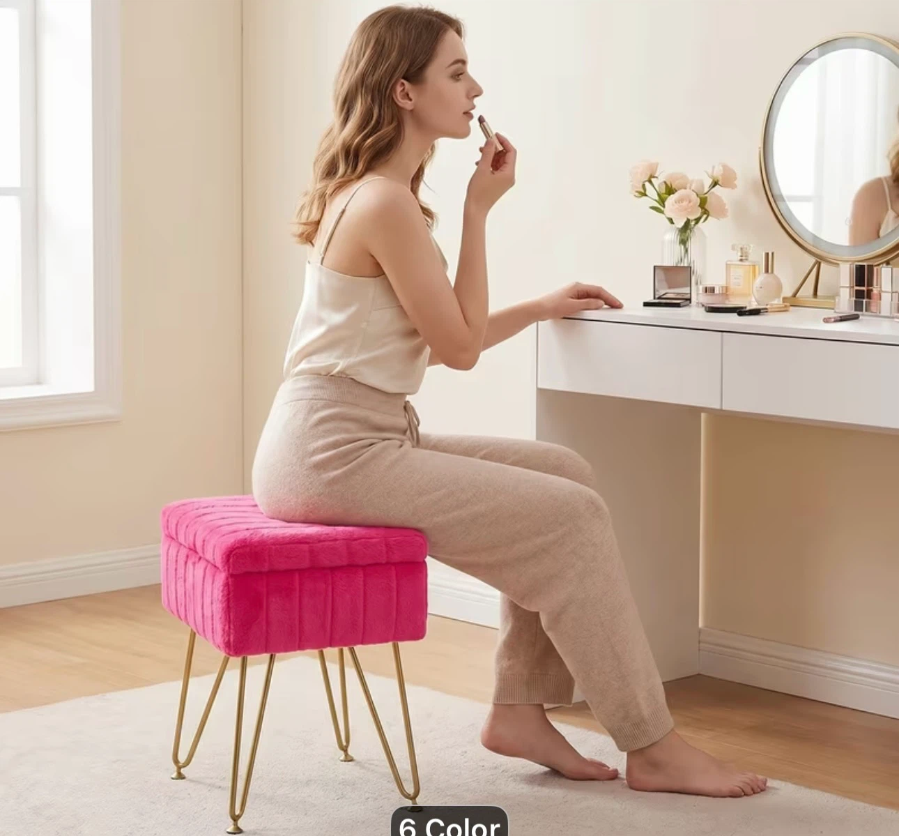 Fuzzy Pink Storage Ottoman with Gold Legs - photo 4