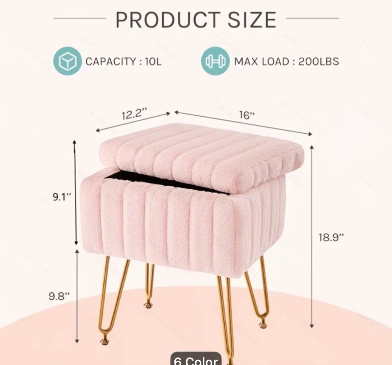 Fuzzy Pink Storage Ottoman with Gold Legs - photo 5