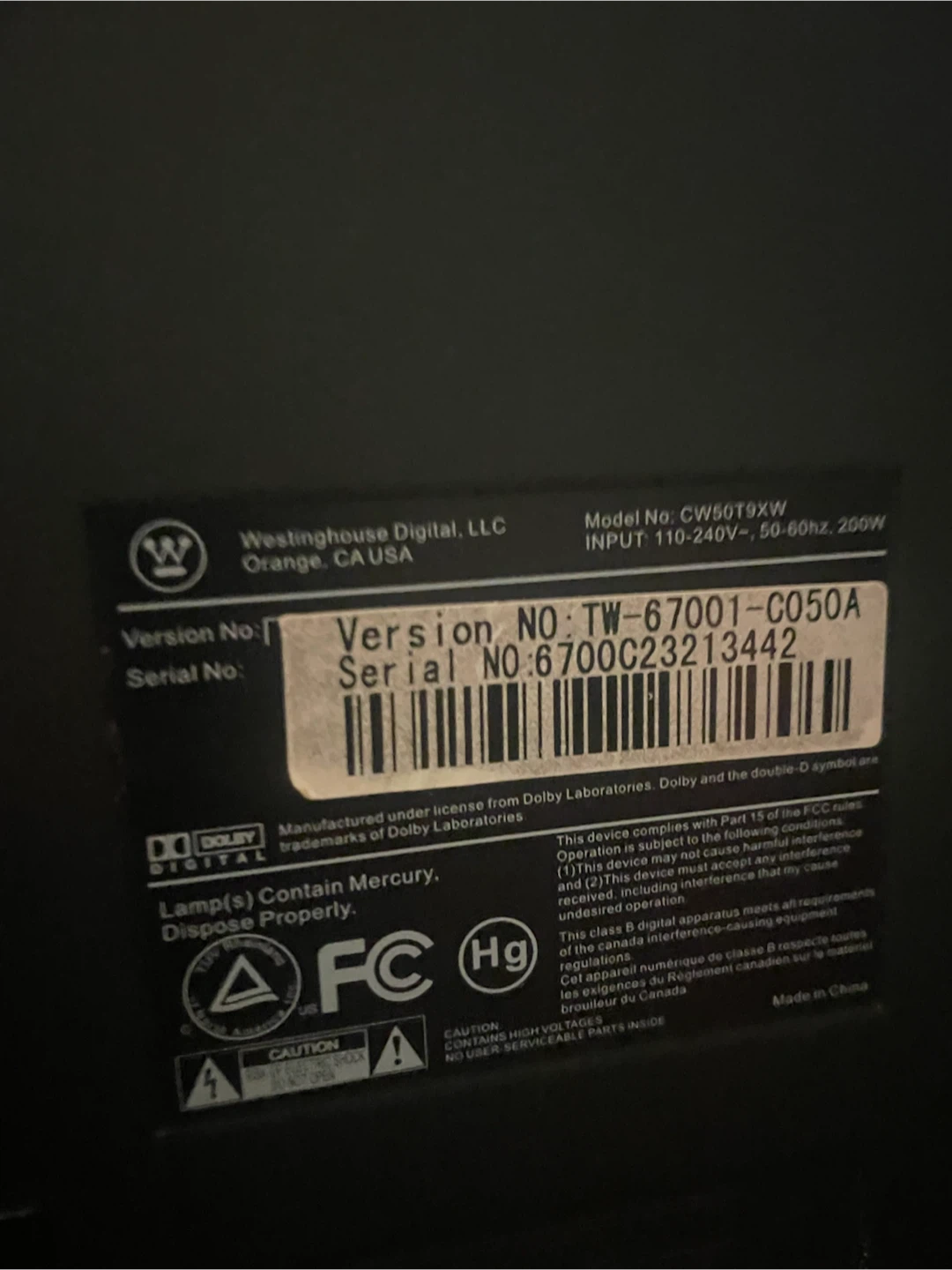 Westinghouse 50" TV  ( no control ) - photo 4