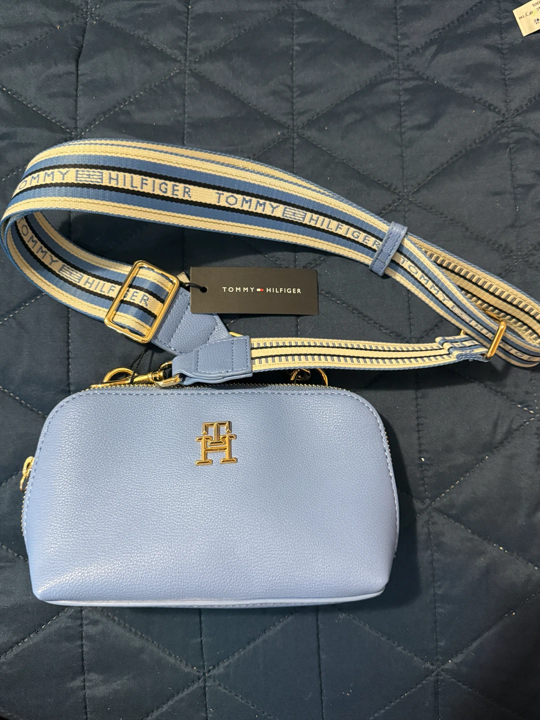 Tommy Hilfiger Light Blue Crossbody Bag with Striped Strap