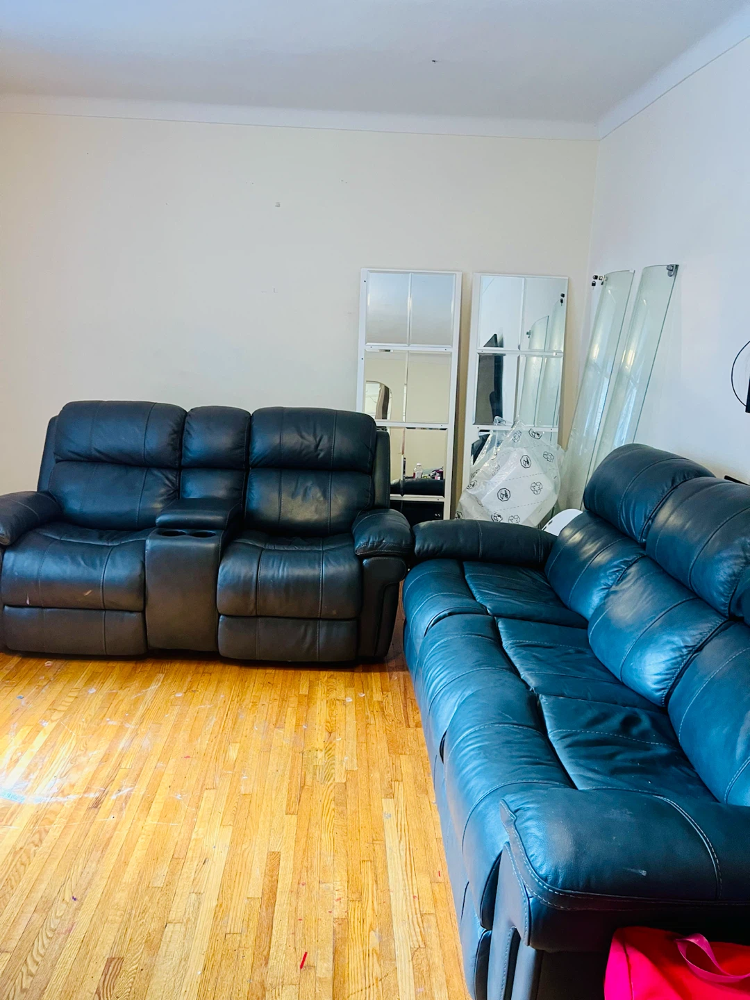 Black Leather Reclining Sofa with Cup Holders