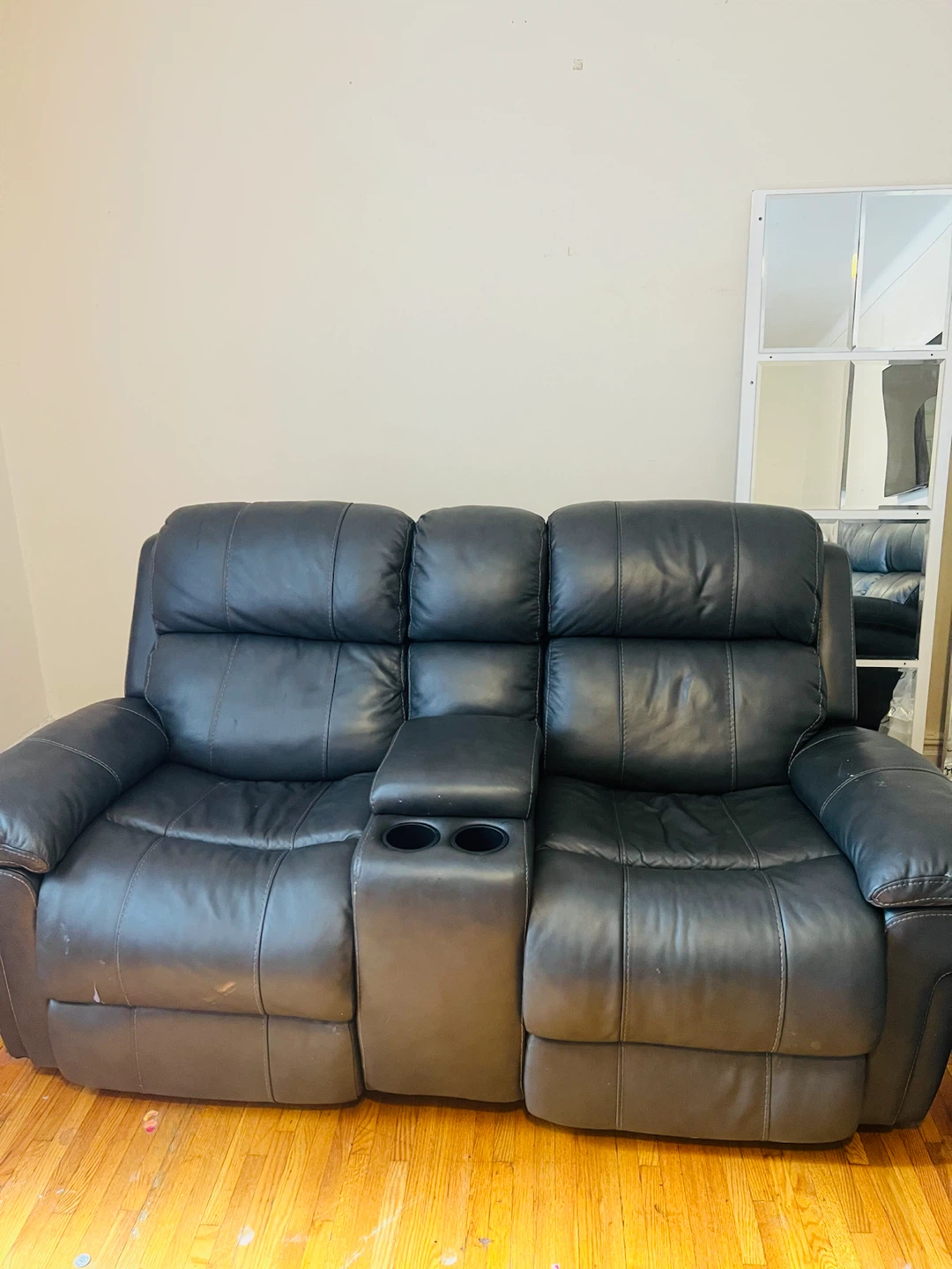 Black Leather Reclining Sofa with Cup Holders - photo 3