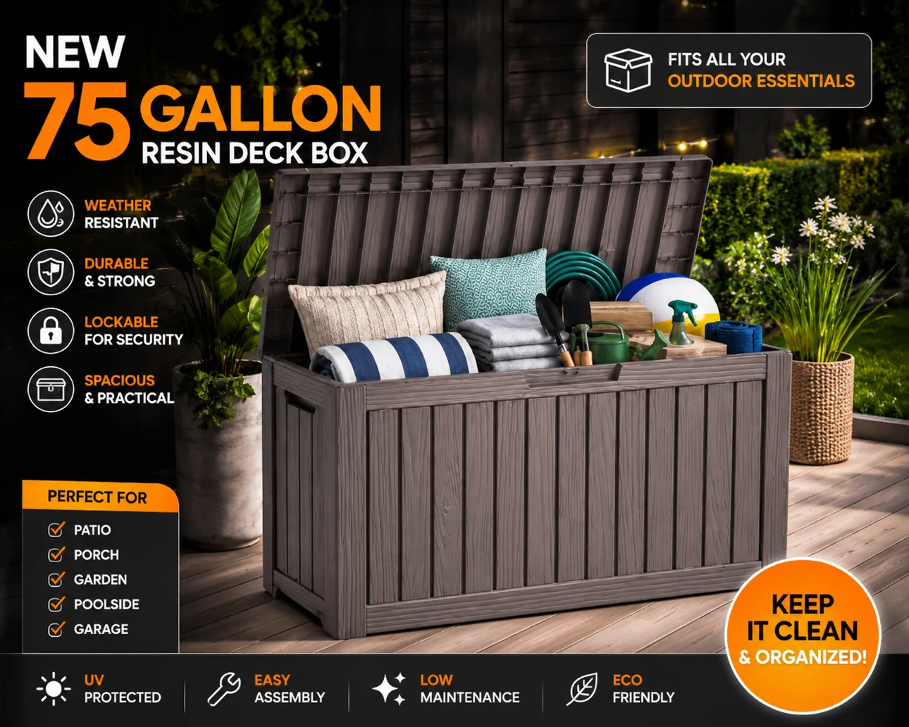 New 75 Gallon Resin Deck Box