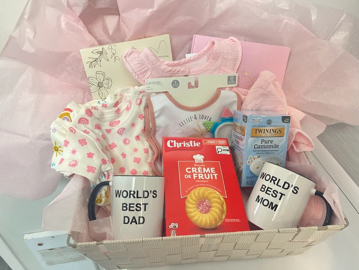 New Baby Gift Basket with Clothes and Treats