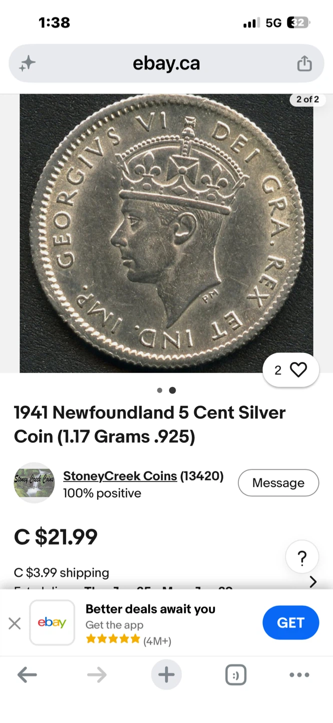 1941 Newfoundland 5 Cent Silver Coin - photo 3