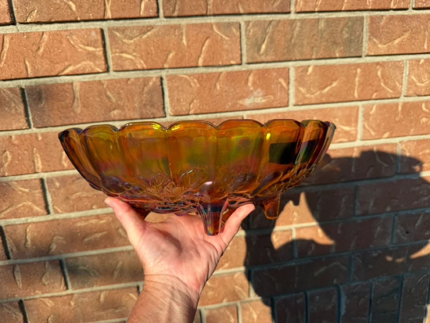 Amber Iridescent Glass Footed Bowl