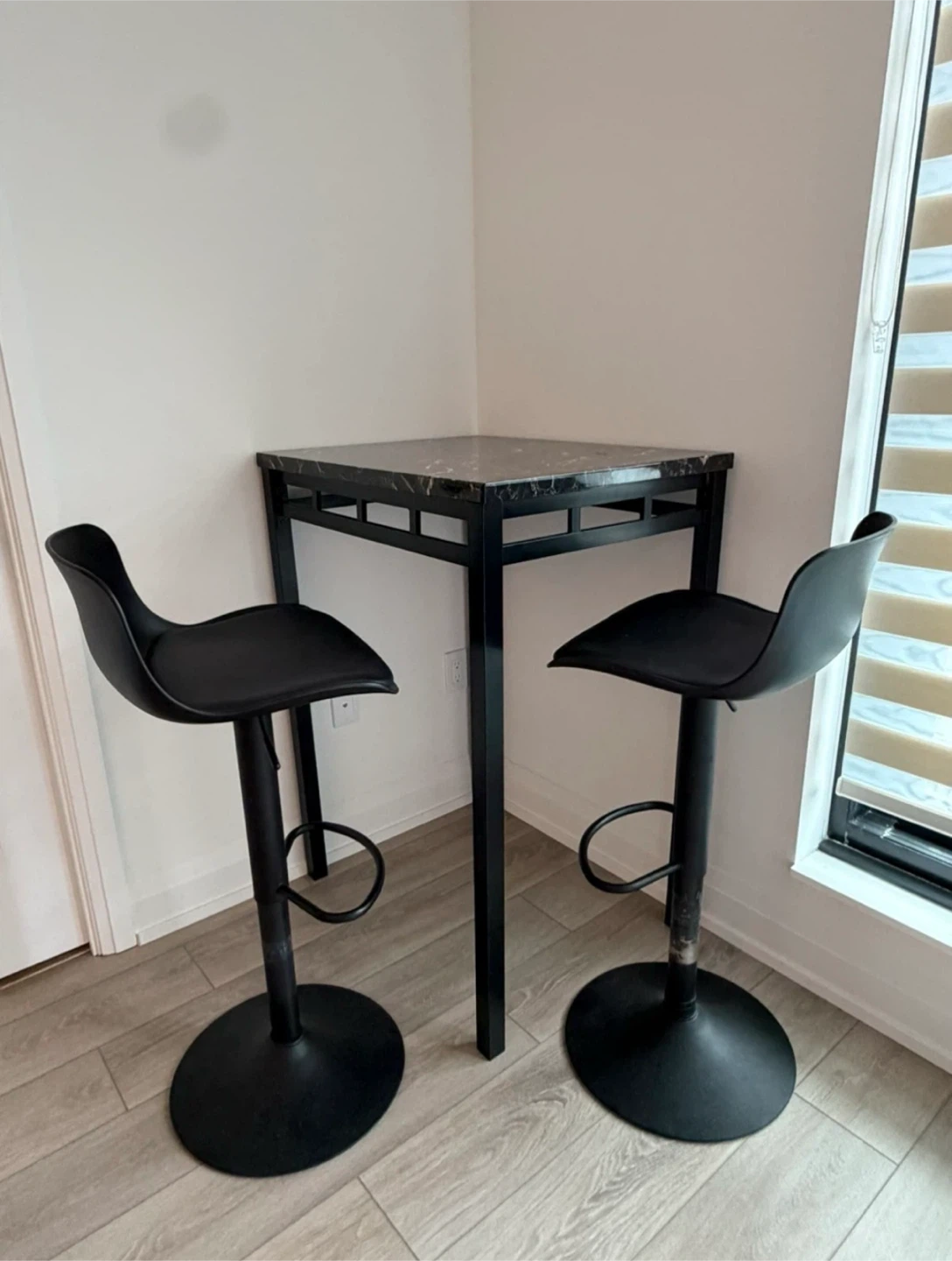 Marble Top Bar Table with 2 Black Bar Stools
