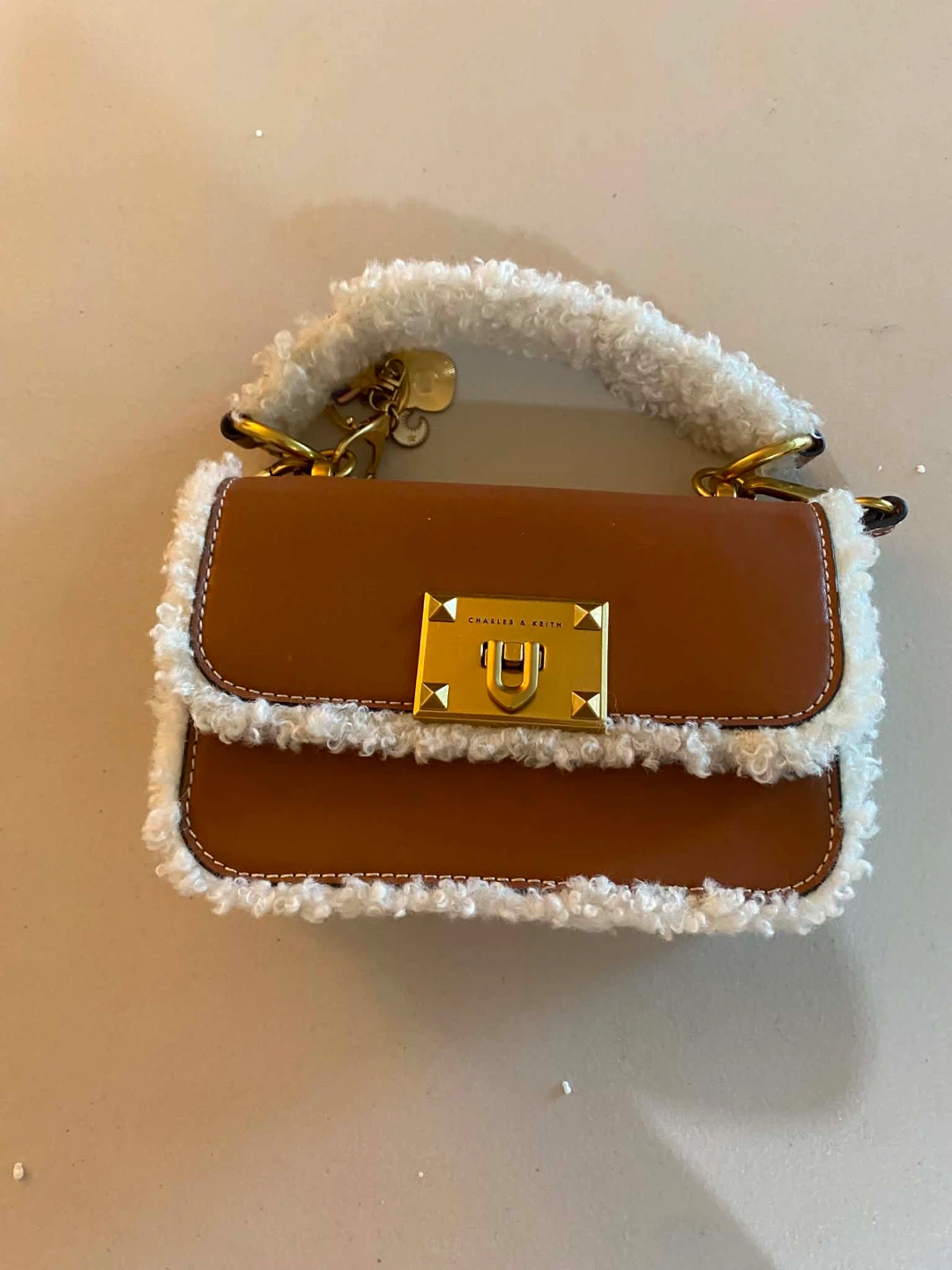 Charles & Keith Brown & White Sherpa Trim Handbag