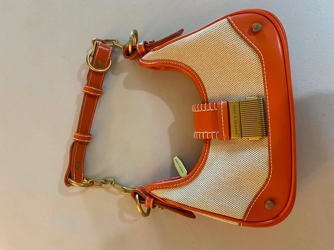 Charles & Keith Orange Canvas & Leather Shoulder Bag