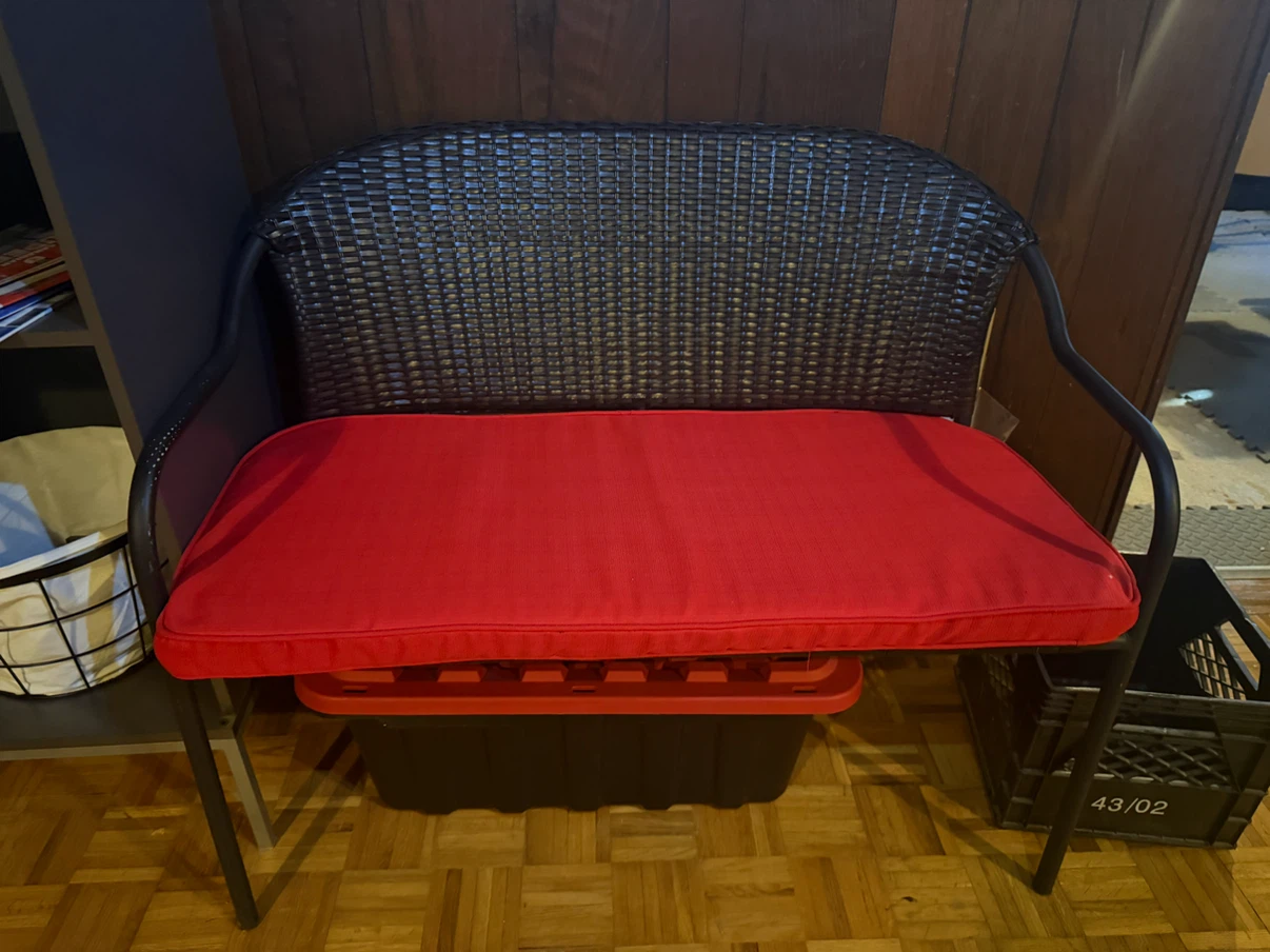 Outdoor Bench with Red Cushion