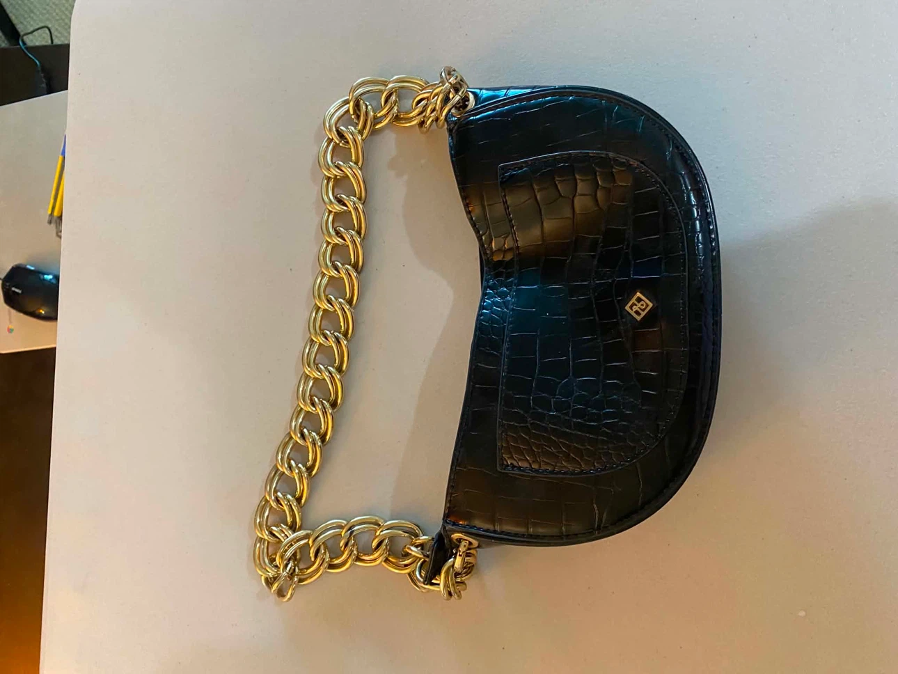 Black Croc Embossed Shoulder Bag with Gold Chain