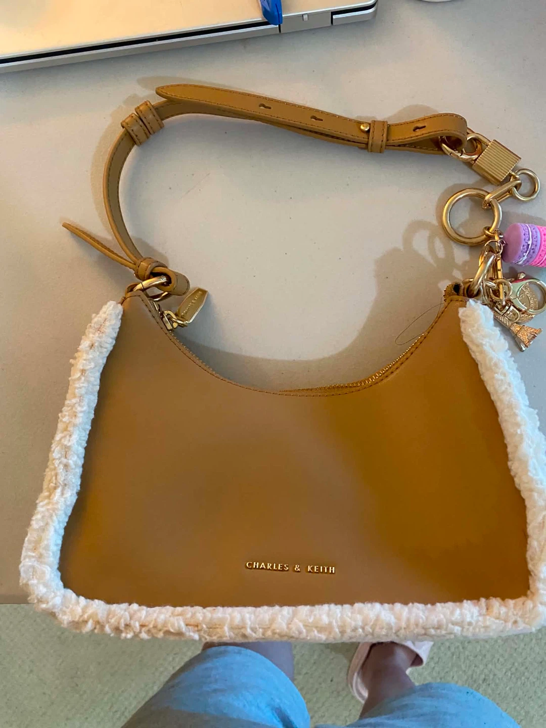 Charles & Keith Tan Shoulder Bag with Faux Fur Trim