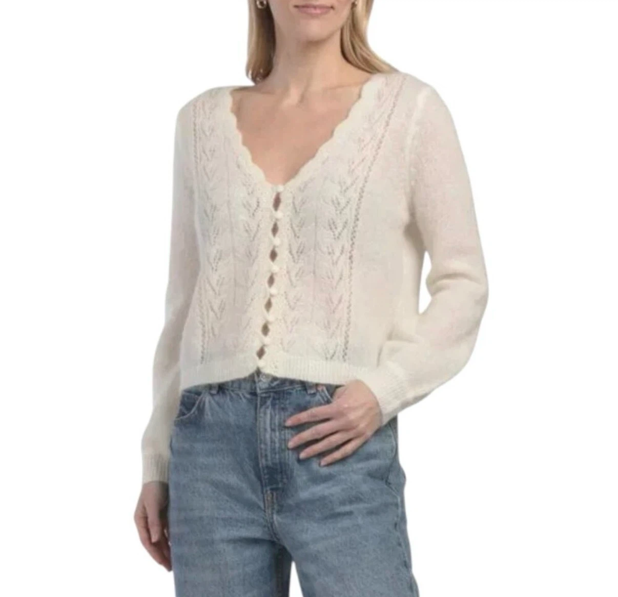 Camila Coelho Cream Scalloped Knit Cardigan