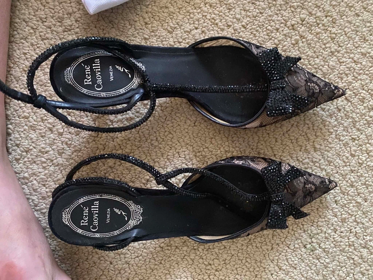 René Caovilla Black Lace Embellished Heels