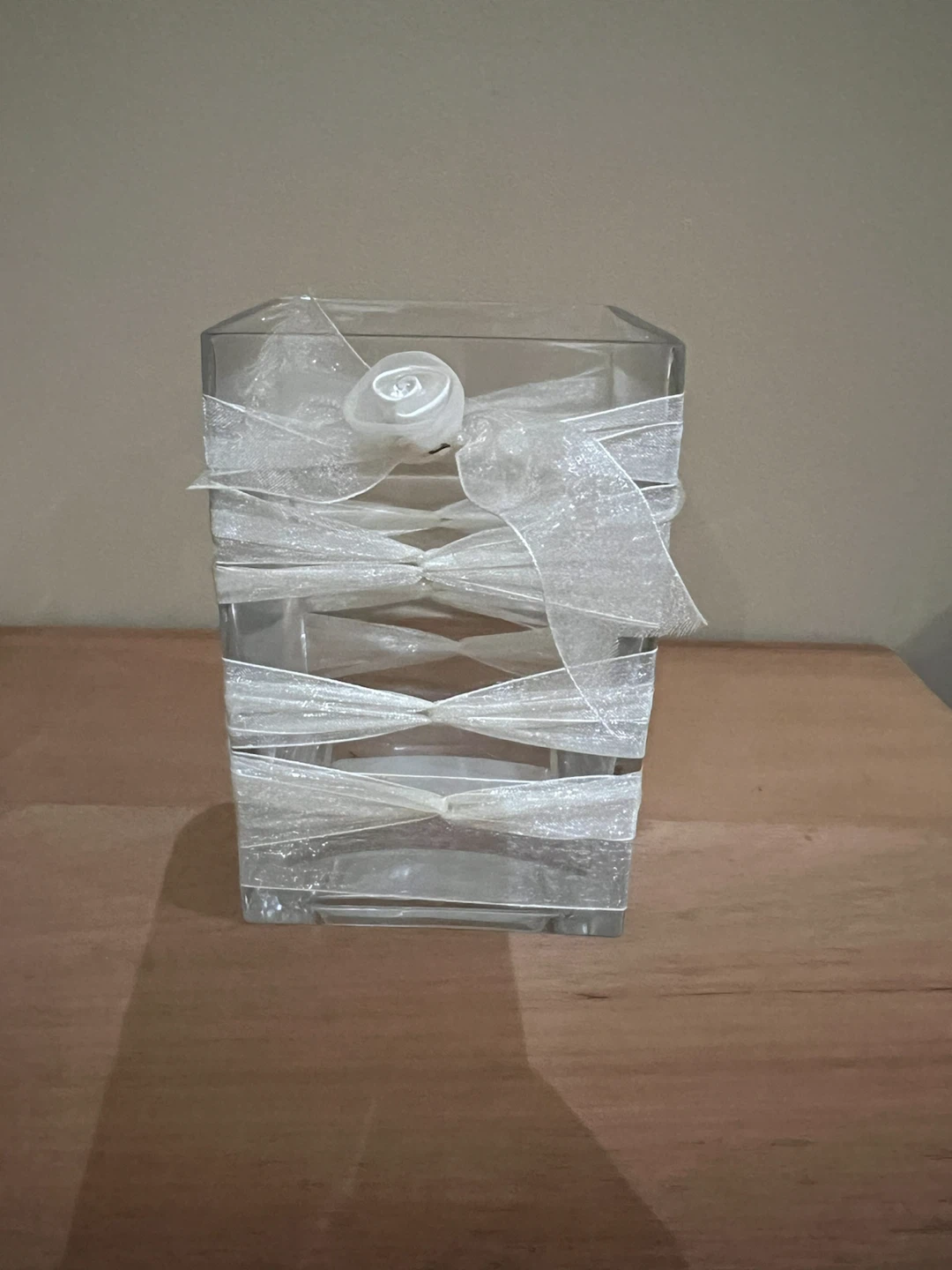 Clear Square Vase with White Ribbon