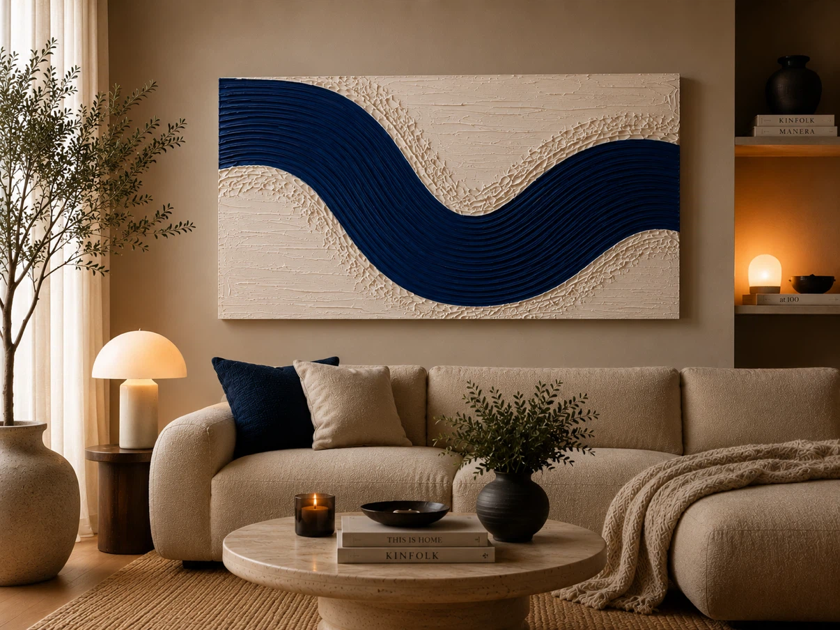 Textured Abstract Wall Art - Blue Wave Design