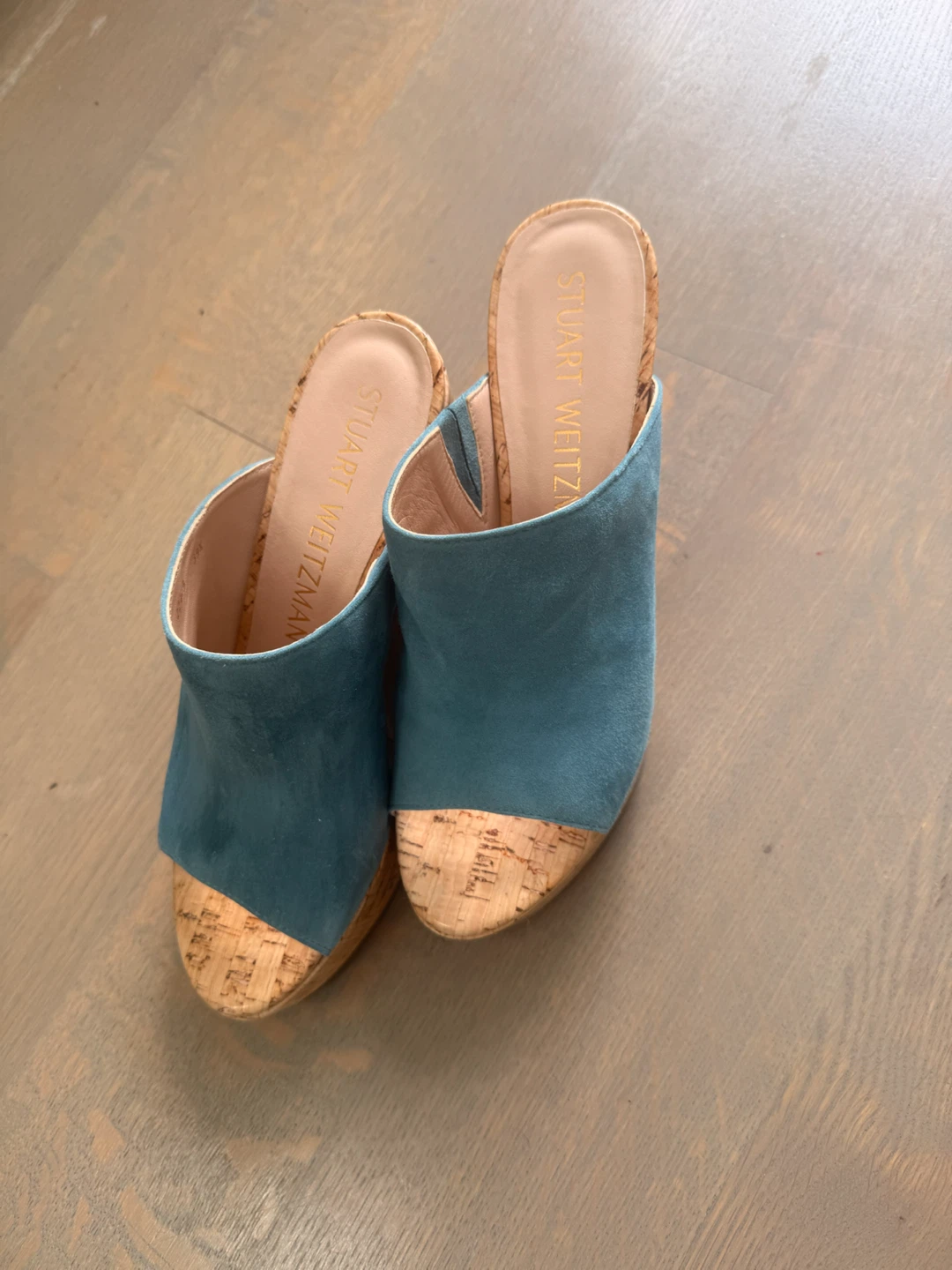 Stuart Weitzman Teal Suede Cork Wedge Mules
