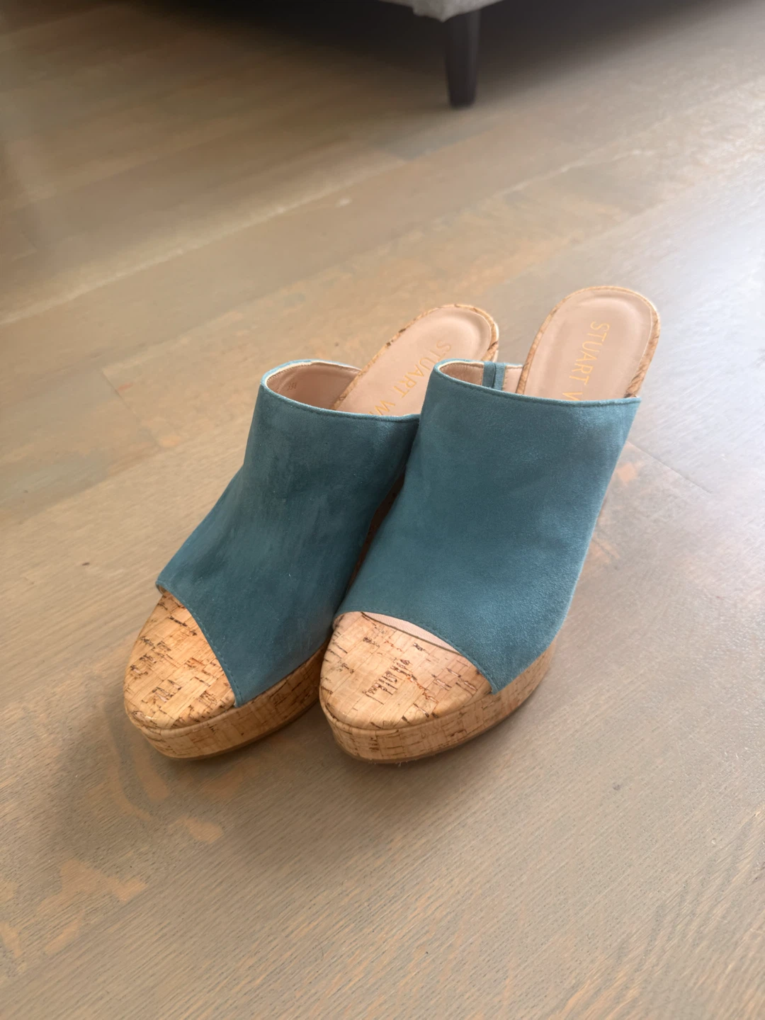 Stuart Weitzman Teal Suede Cork Wedge Mules - photo 2