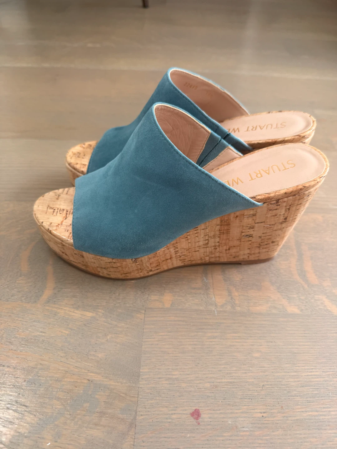 Stuart Weitzman Teal Suede Cork Wedge Mules - photo 3