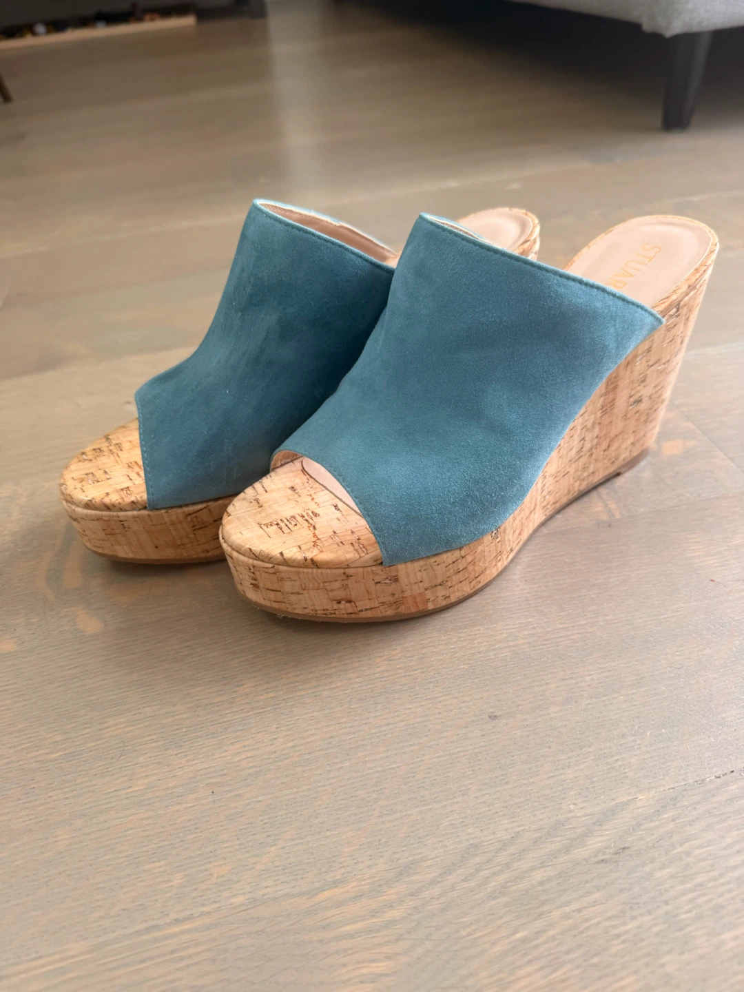 Stuart Weitzman Teal Suede Cork Wedge Mules - photo 4