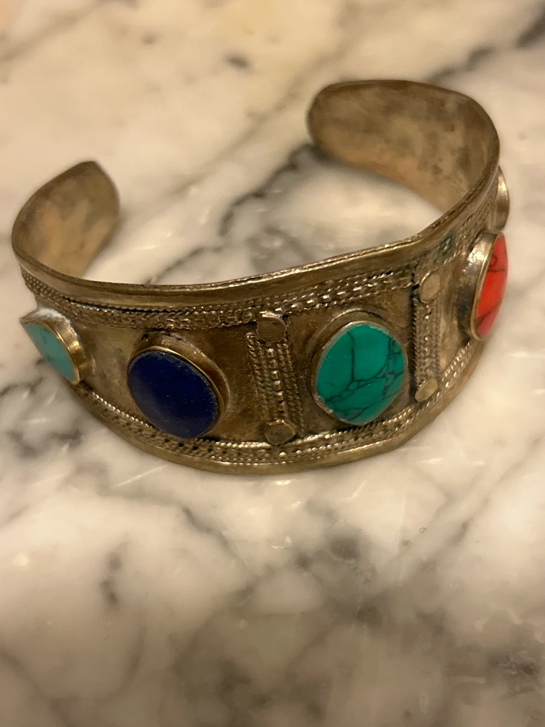 Cuff Bracelet with Turquoise, Lapis, and Red Stones