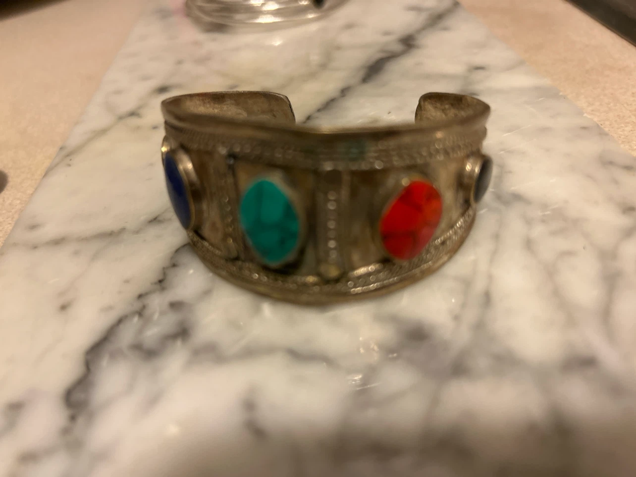 Cuff Bracelet with Turquoise, Lapis, and Red Stones - photo 2
