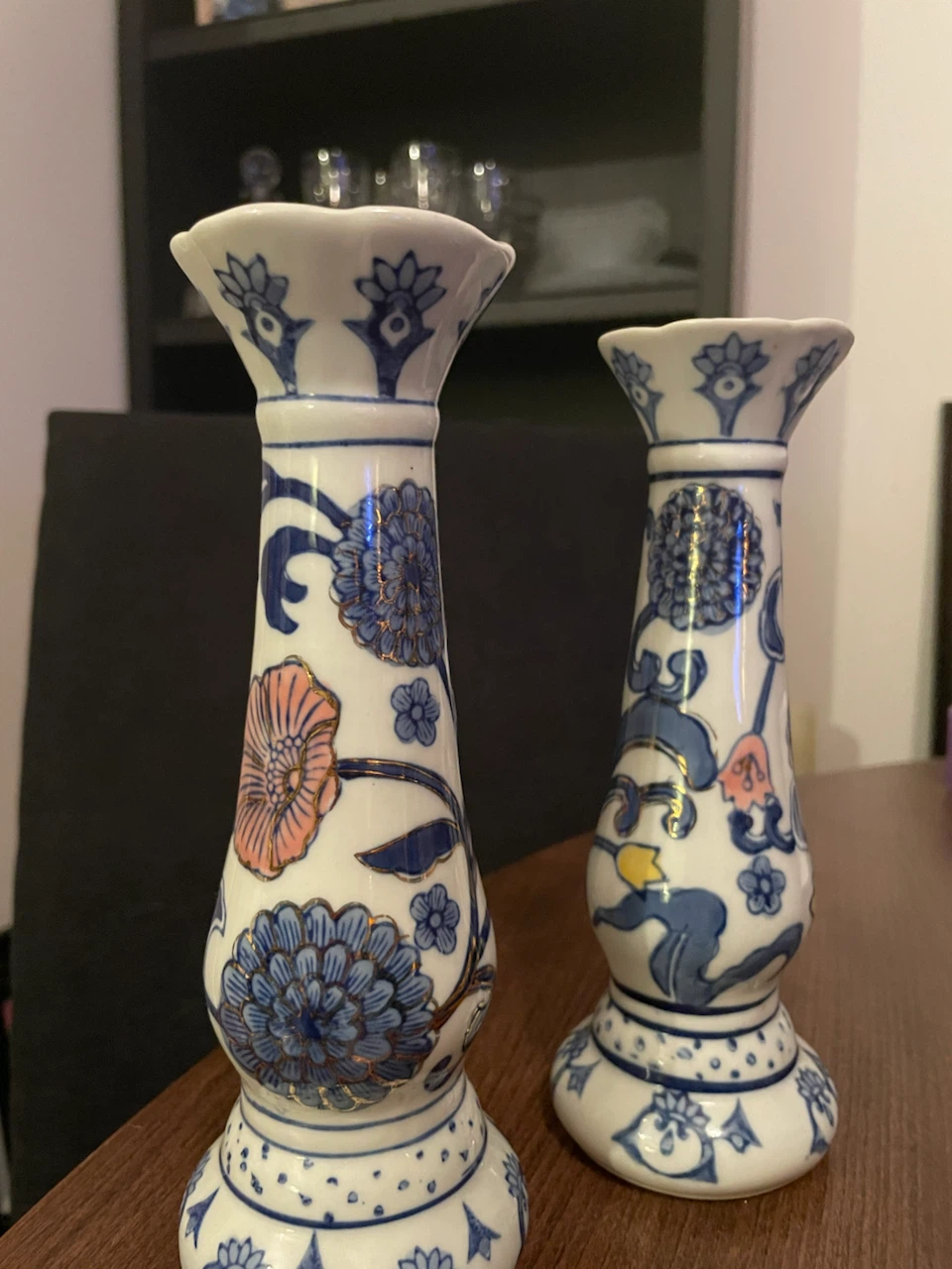 Matching vintage Chinoiserie ceramic taper candlestick holders