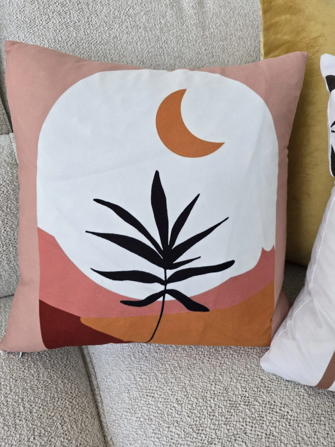 Decorative Throw Pillow - Abstract Moon & Leaf Design