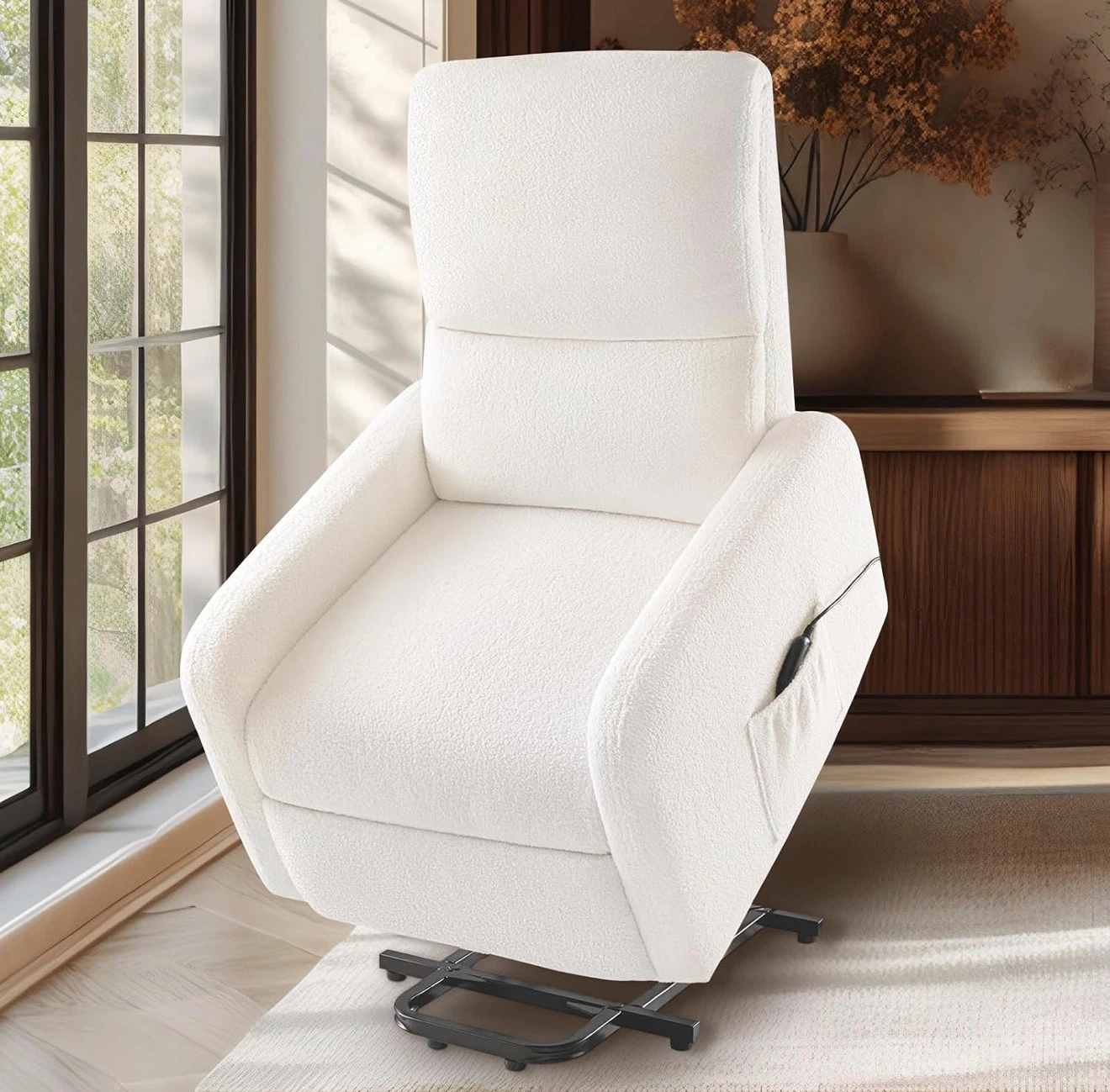 Cream Teddy Fabric Power Lift Recliner Chair - photo 2
