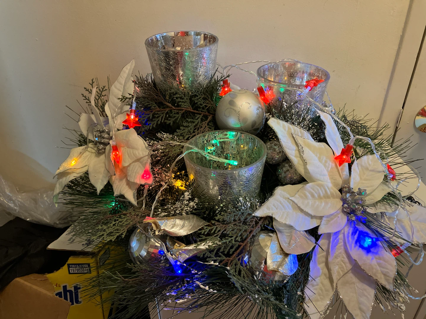 Christmas Poinsettia Candle Holder Arrangement with Lights