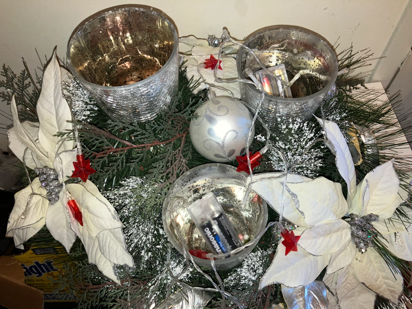 Christmas Poinsettia Candle Holder Arrangement with Lights - photo 3