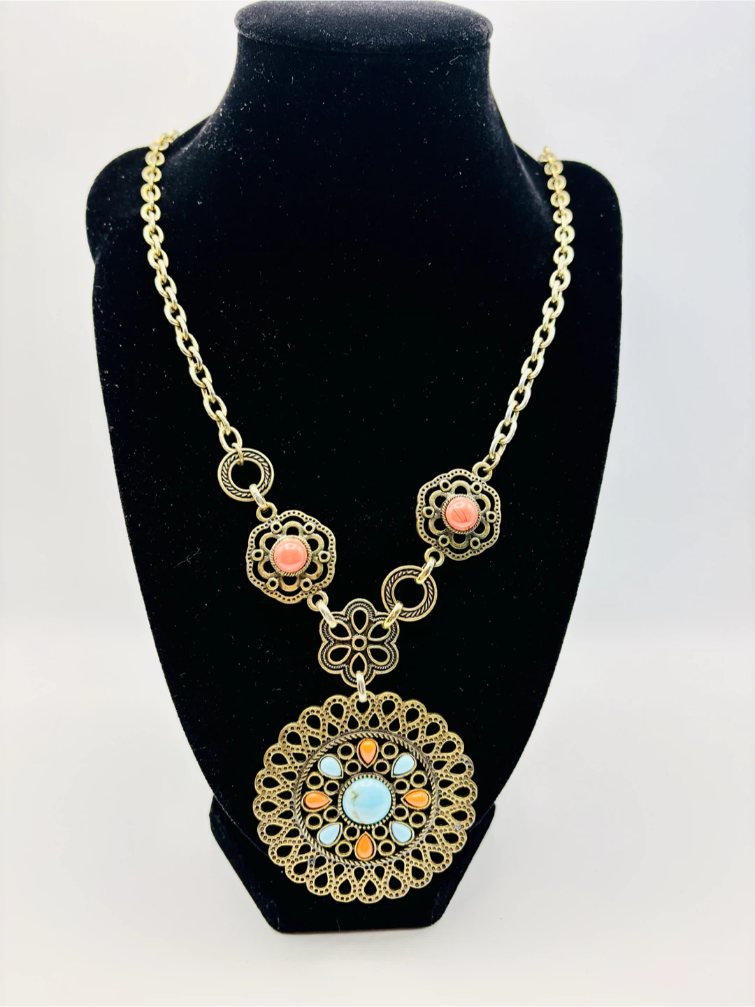 Vintage Boho Pendant Necklace with Turquoise and Coral Accents