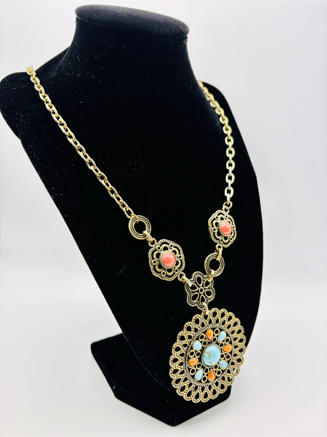 Vintage Boho Pendant Necklace with Turquoise and Coral Accents - photo 2