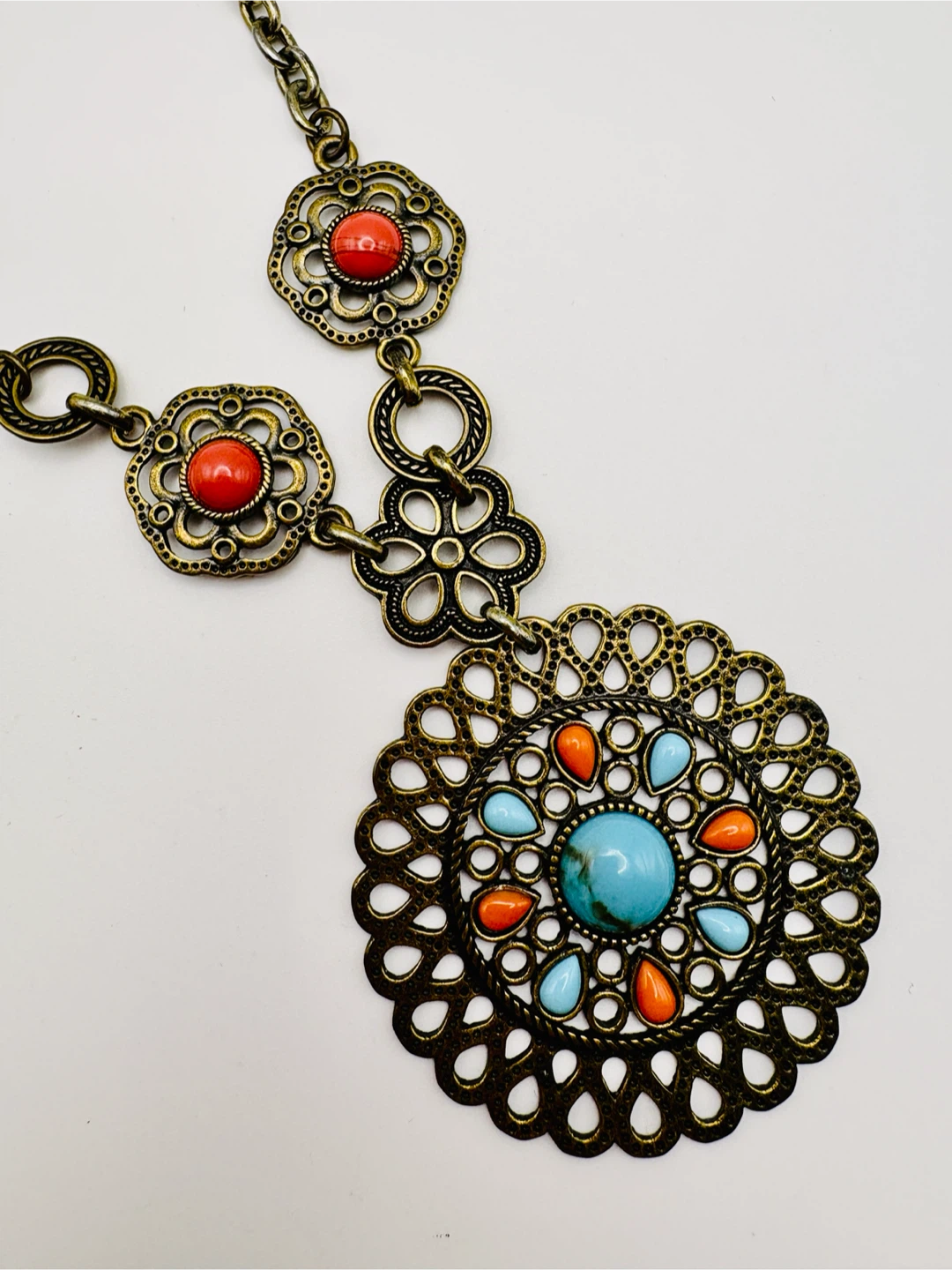 Vintage Boho Pendant Necklace with Turquoise and Coral Accents - photo 4