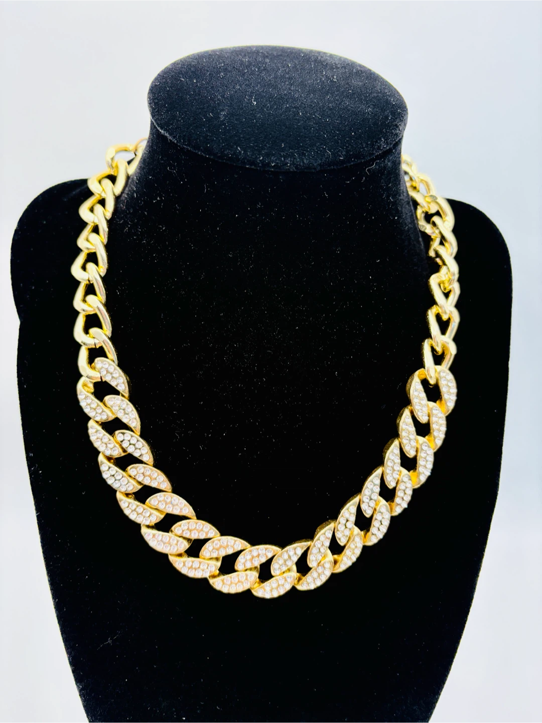 Vintage Gold Cuban Link Necklace with Rhinestones