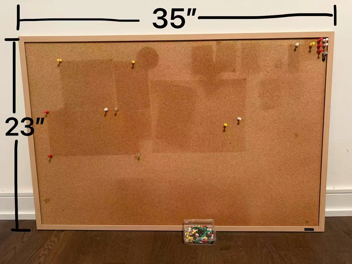 Quartet Cork Board 35" x 23" with a box of Push Pins